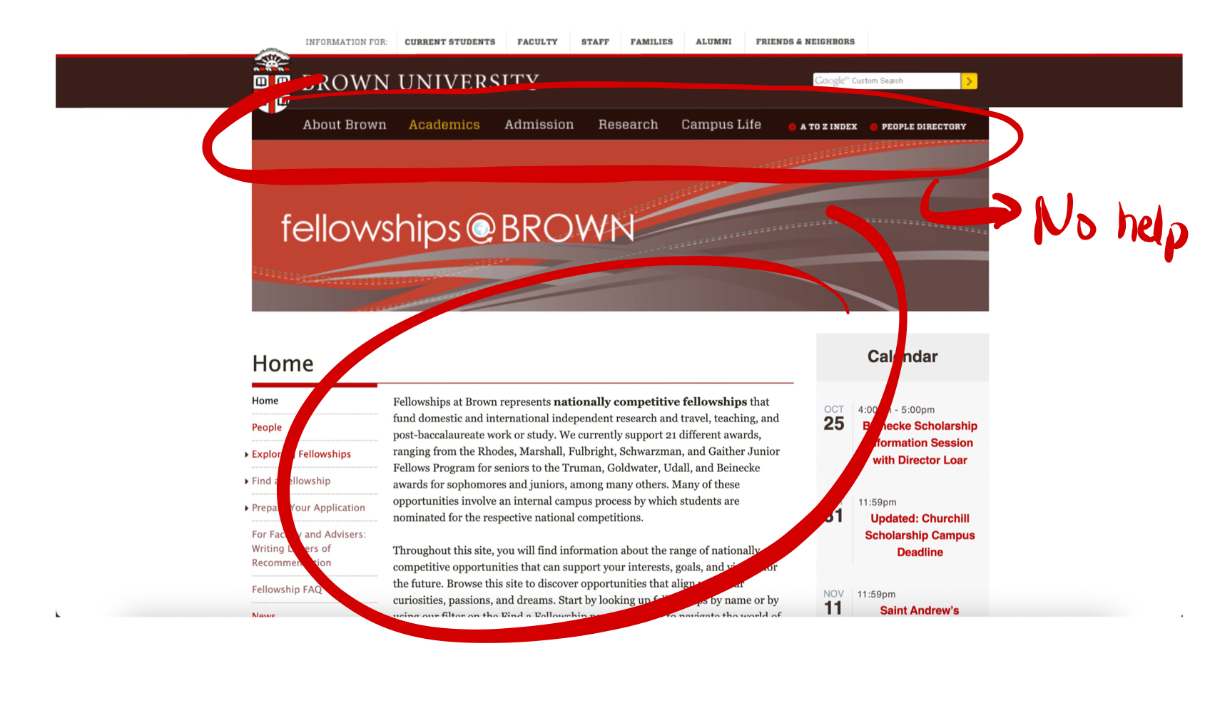 Image of the original website with the usability concerns highlighted.